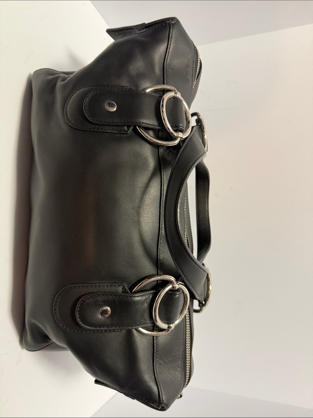 ANTONIO MELANI Black Leather Shoulder Bag with Silver Rings